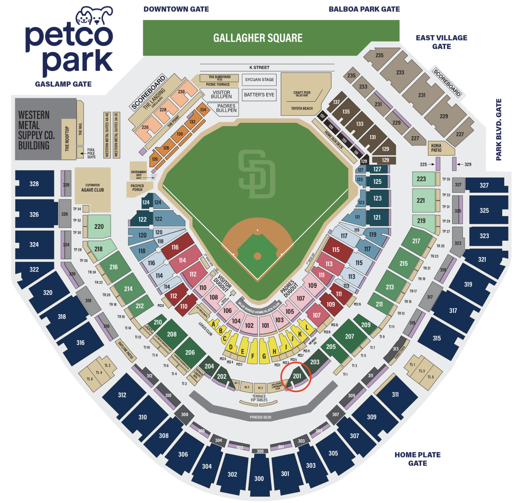 Petco Park Seating Chart - Section 201 circled